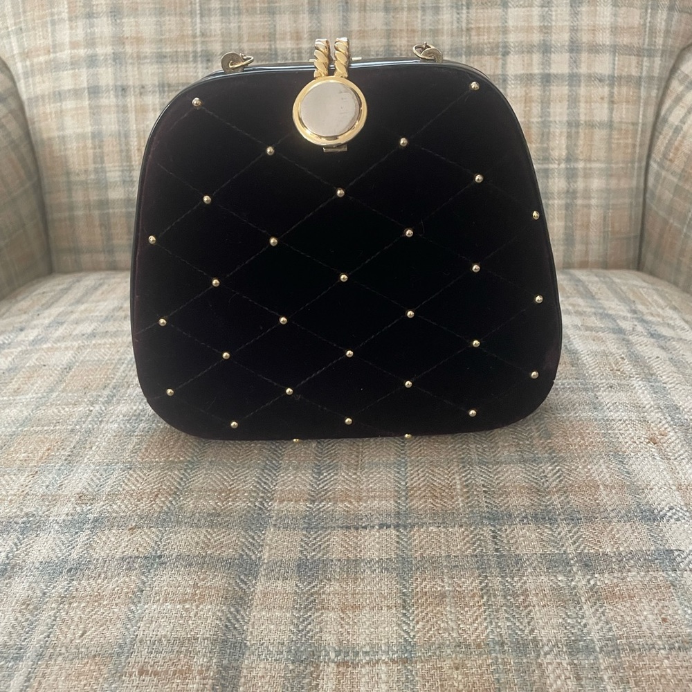 Black velvet vintage 80s evening bag gold clasp chain mini